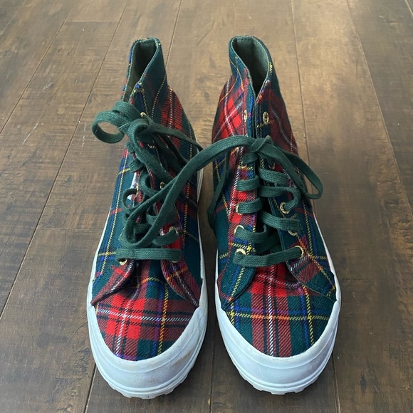 Superga 2431 Suede High top lace up green plaid sneakers - Picture 3 of 11
